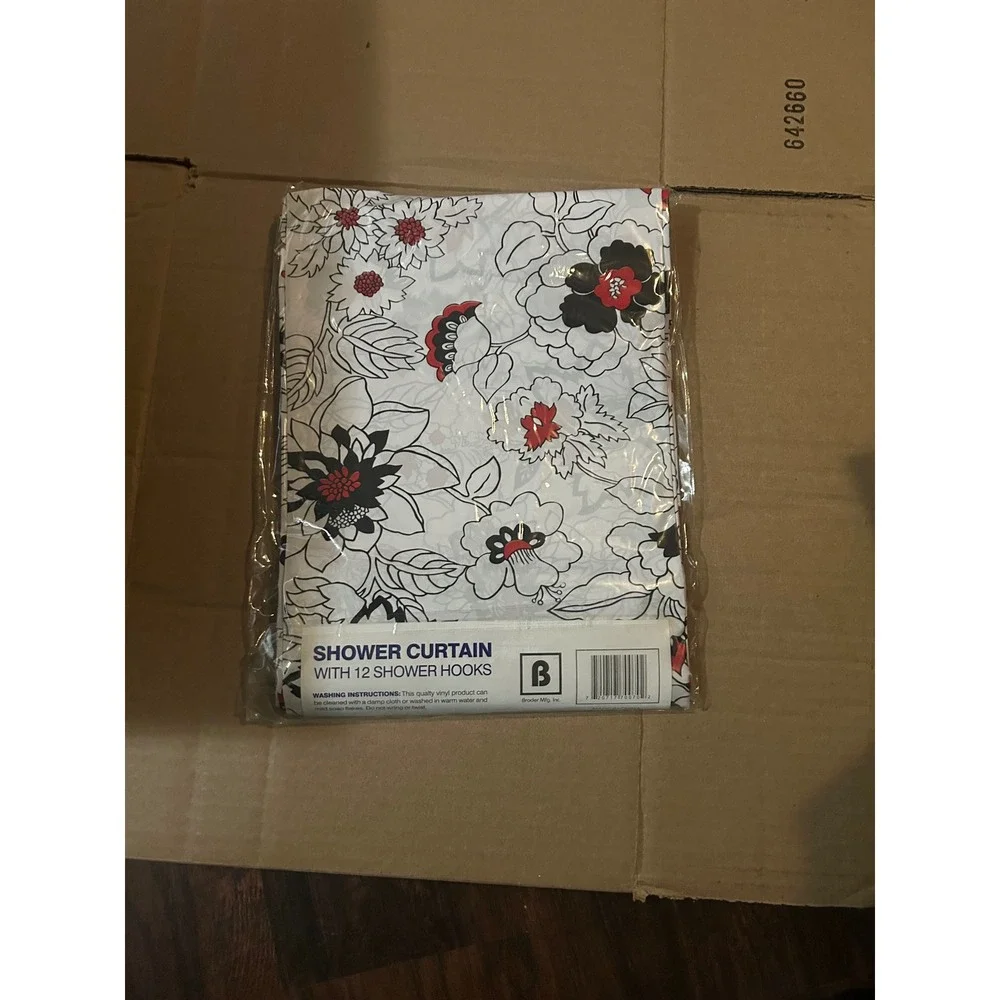 Broder Mfg Floral Shower Curtain White Black Red Vinyl 70x72 with 12 Hooks NEW